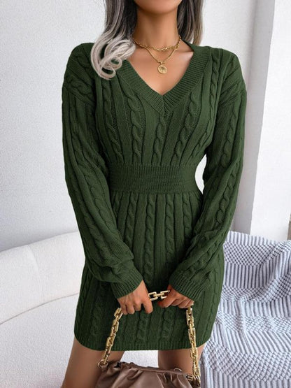 Damen Strickkleid Mit Zopfmuster V Ausschnitt Langarm