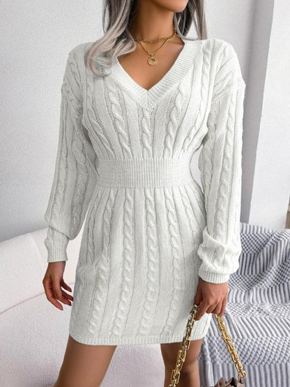Damen Strickkleid Mit Zopfmuster V Ausschnitt Langarm