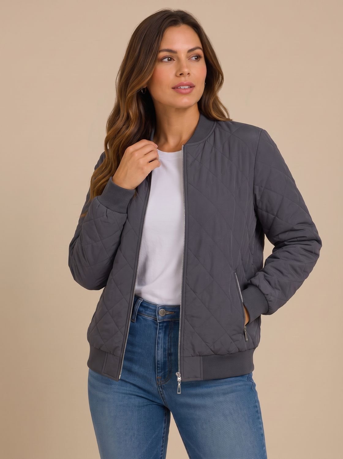 Damen Steppblouson Mit Rautensteppung Und Taschen