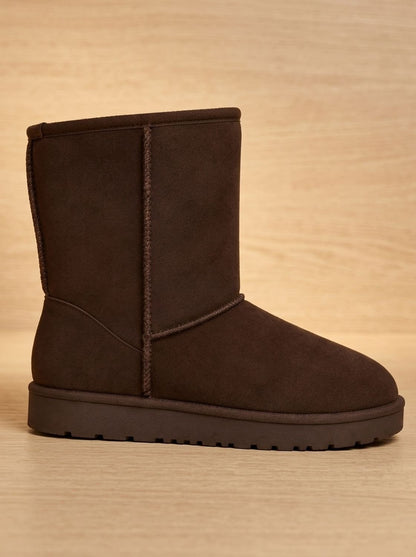 Nahaufnahme des weichen Teddyfutters in einem Damen-Winterstiefel