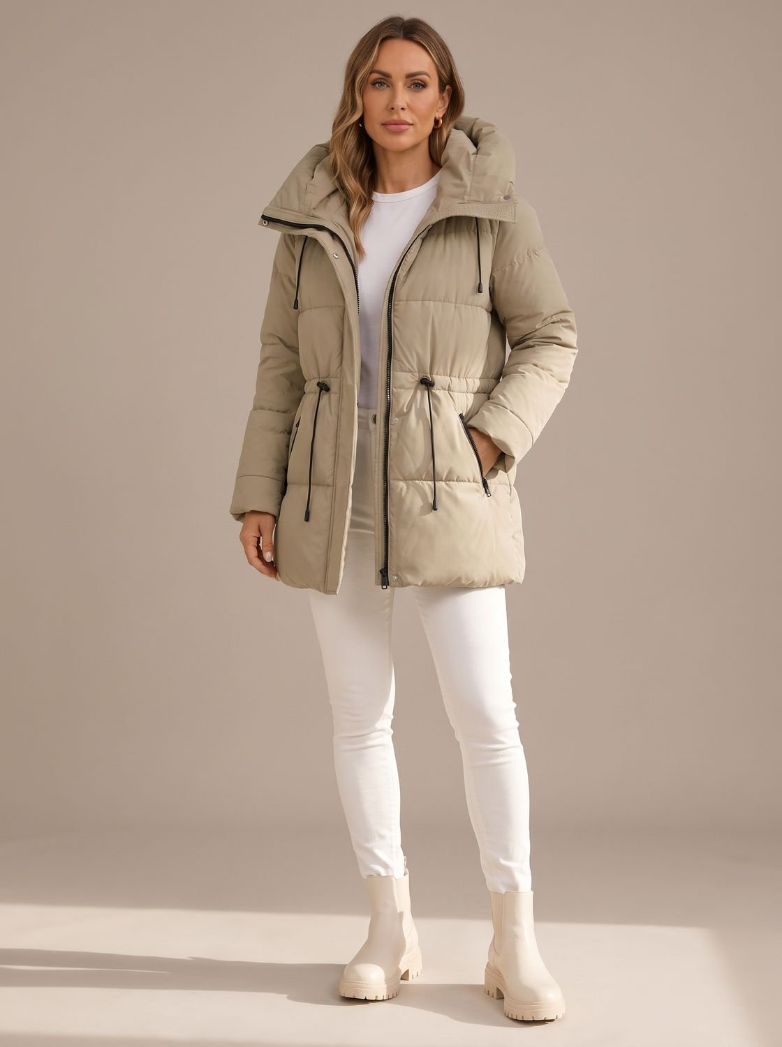 Damen-Steppjacke mit Kapuze und Kordelzug an der Taille