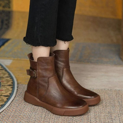Damen Leder Plateau-Stiefeletten mit markantem Schnallendetail