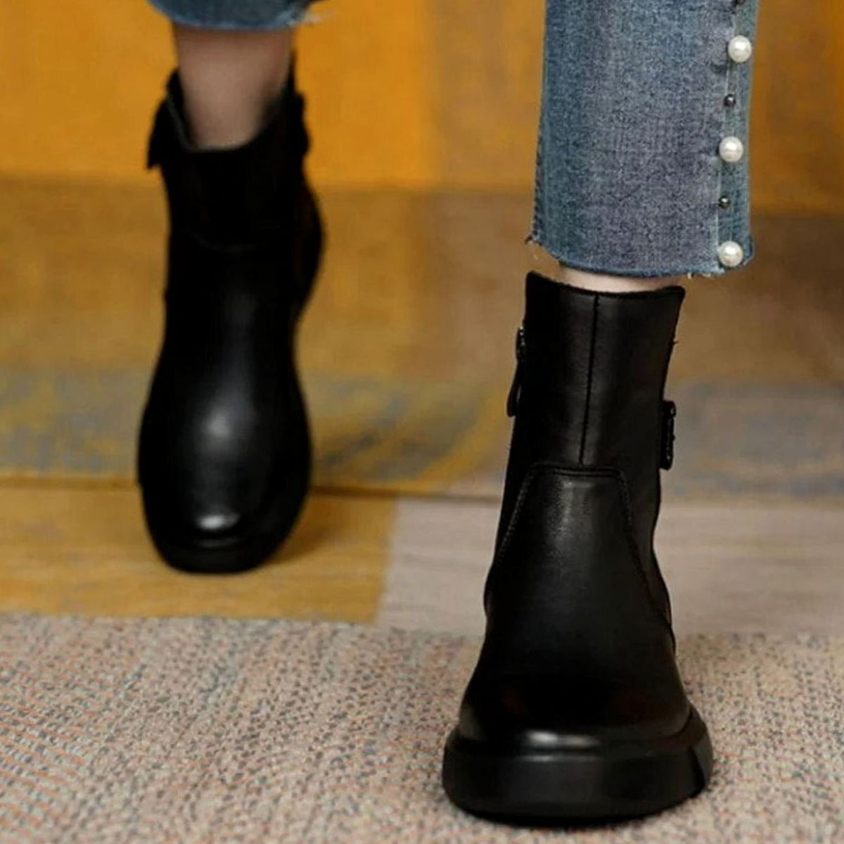 Damen Leder Plateau Stiefeletten Mit Schnallendetail