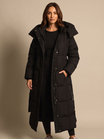 Damen Longline Steppjacke Mit Kapuze Und Gürtel