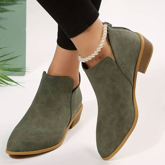 Damen-Wildleder-Stiefeletten mit spitzer Zehenkappe und niedrigem Blockabsatz