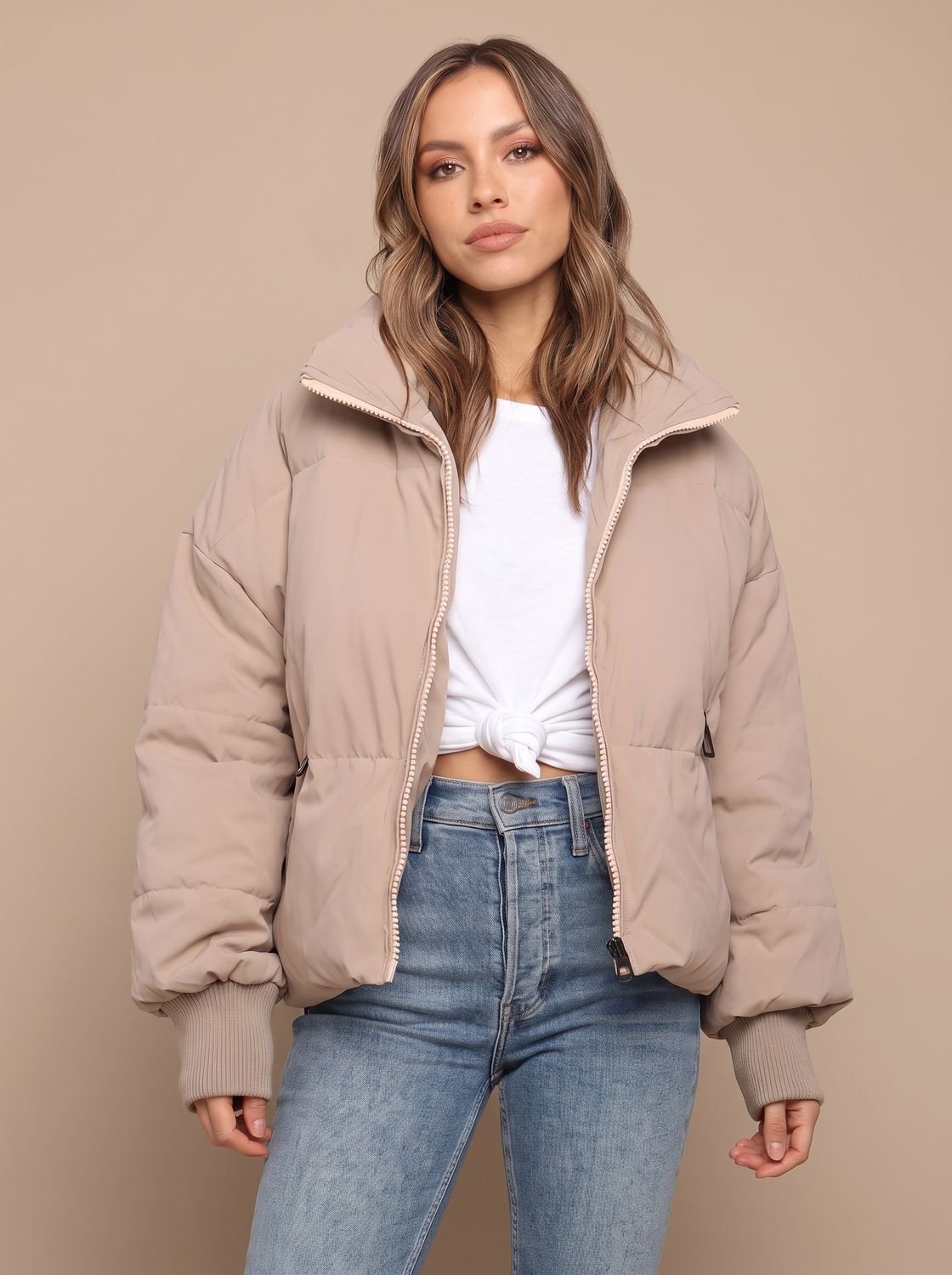 Oversize-Pufferjacke für Damen mit hohem Stehkragen