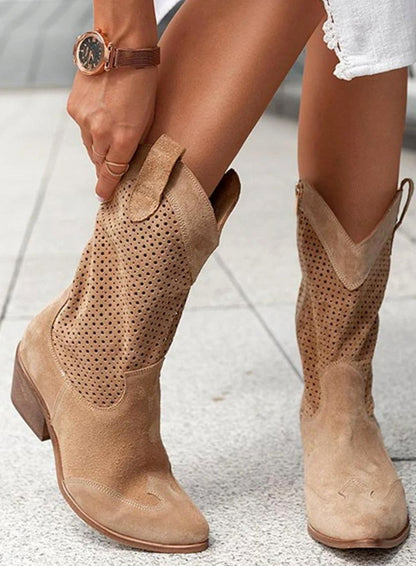 Damen Westernstiefel In Velourslederoptik Mit Lochmuster