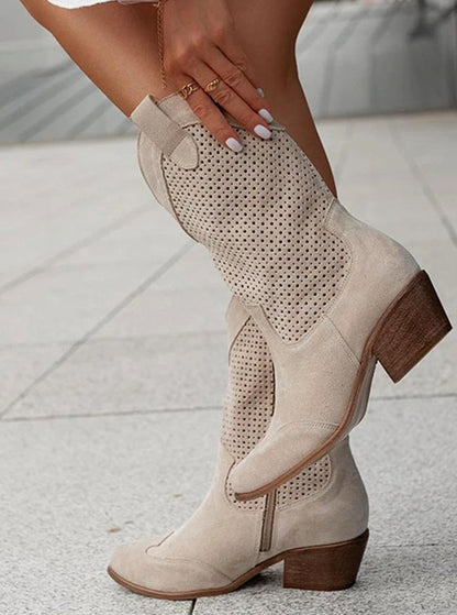 Damen Westernstiefel In Velourslederoptik Mit Lochmuster