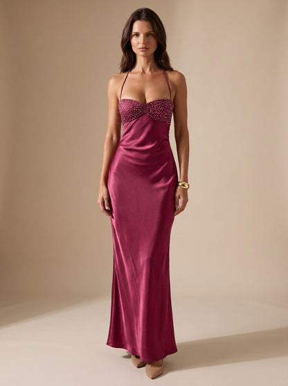 Damen-Satin-Maxikleid mit Neckholder und Strassdetails in voller Länge