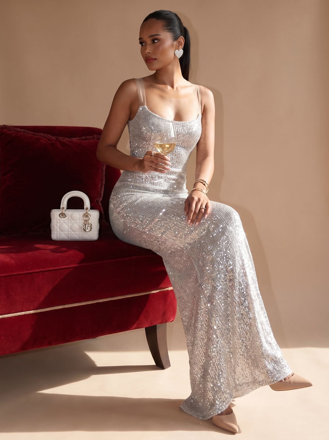 Damen Pailletten Maxikleid Mit Quadratischem Ausschnitt Silber