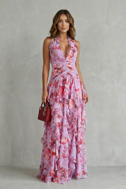 Damen Sommer Maxikleid mit Blumenmuster – Halterneck Tiefer V Ausschnitt Volant Stufen