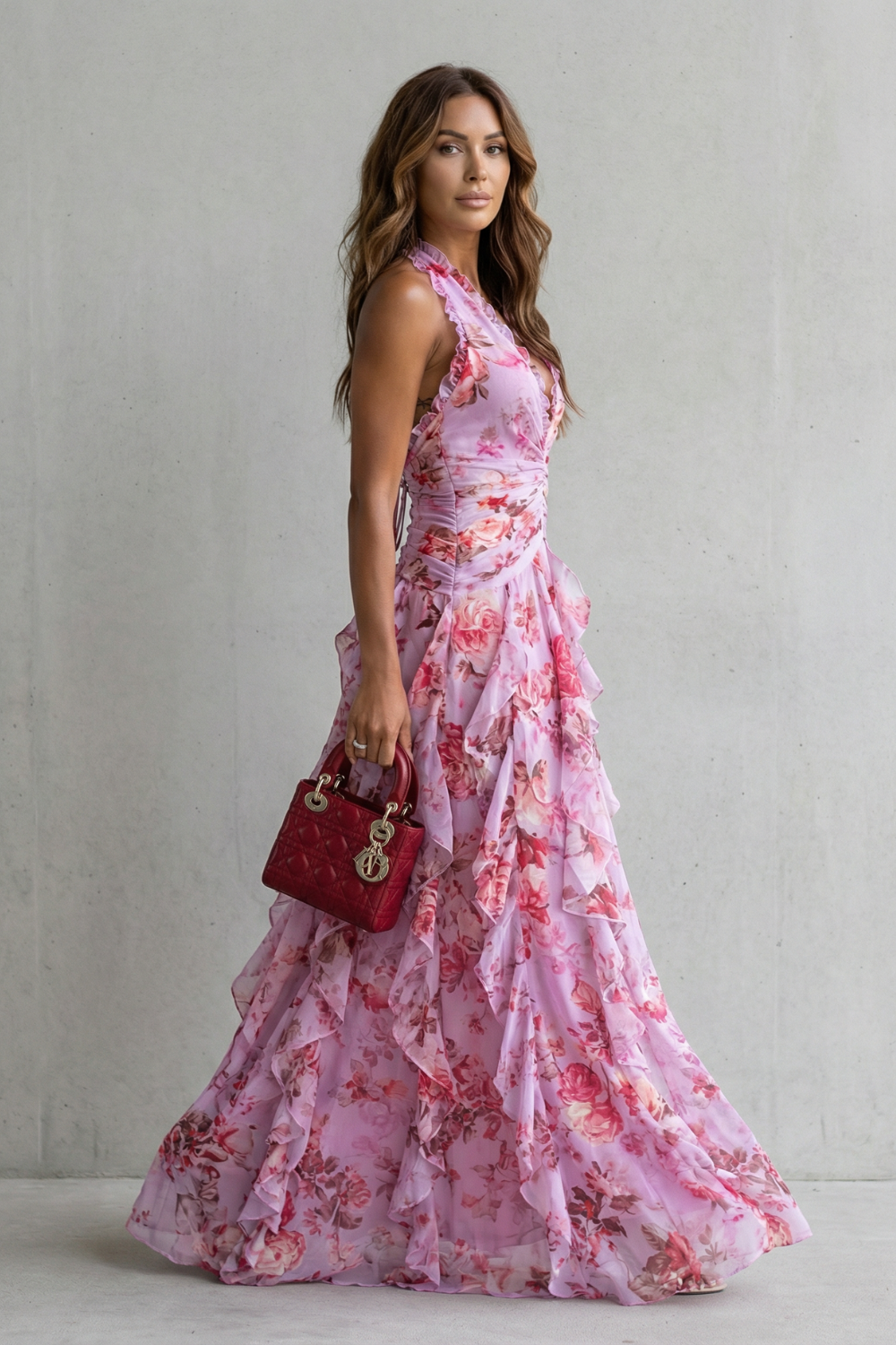 Damen Sommer Maxikleid mit Blumenmuster – Halterneck Tiefer V Ausschnitt Volant Stufen