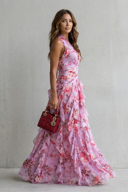Damen Sommer Maxikleid mit Blumenmuster – Halterneck Tiefer V Ausschnitt Volant Stufen