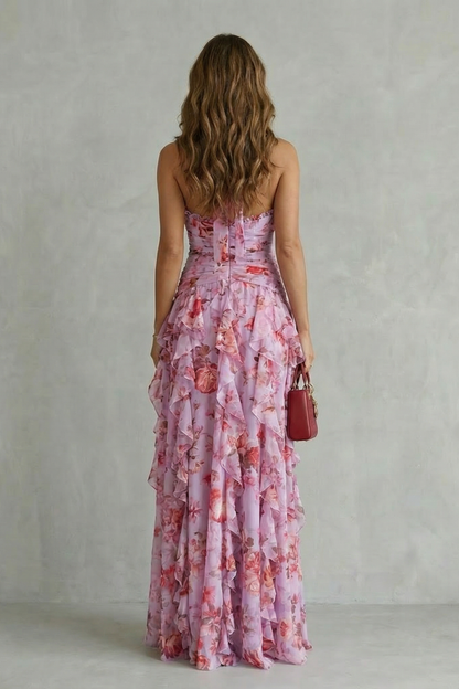 Damen Sommer Maxikleid mit Blumenmuster – Halterneck Tiefer V Ausschnitt Volant Stufen