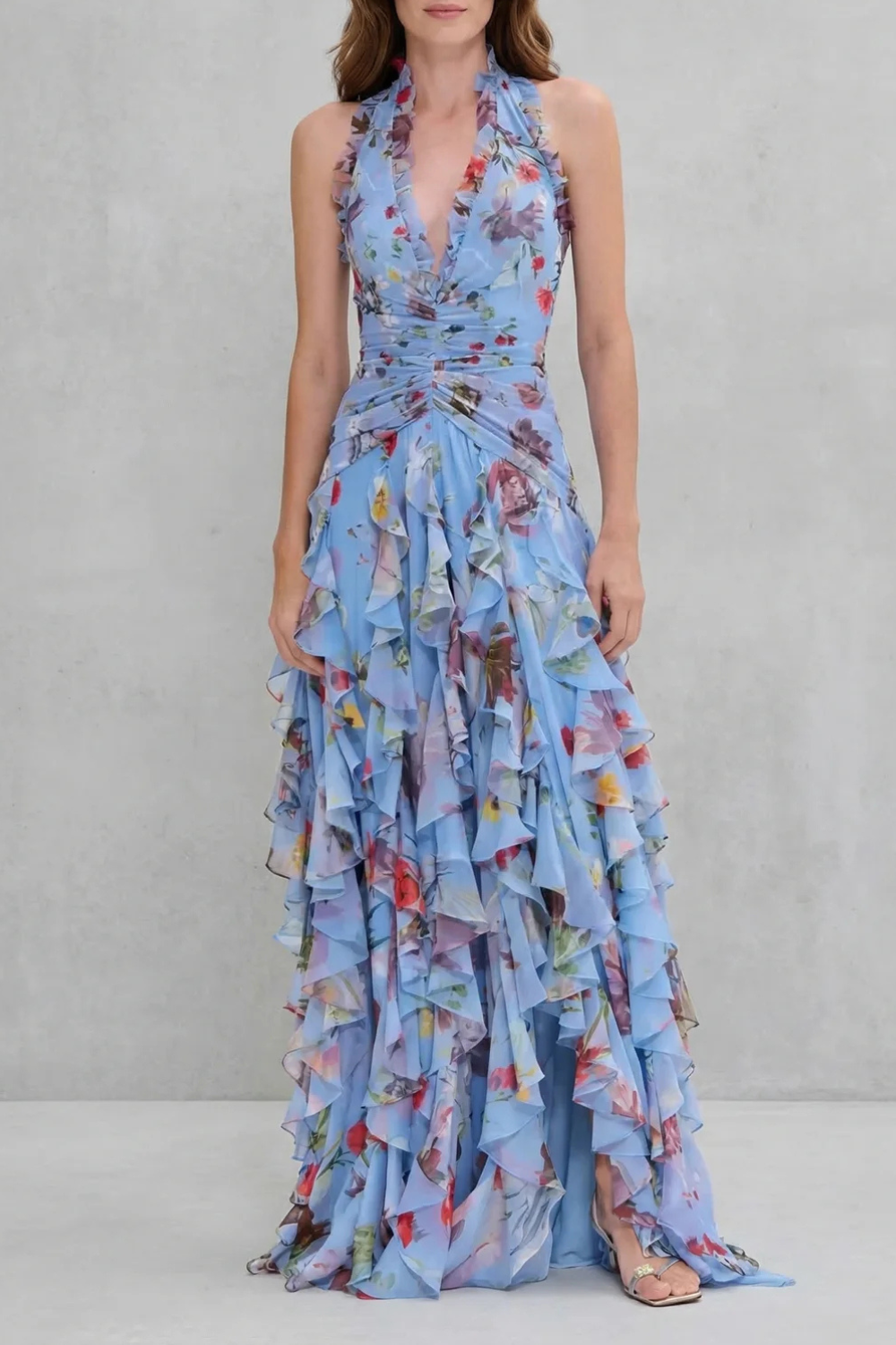 Damen Sommer Maxikleid mit Blumenmuster – Halterneck Tiefer V Ausschnitt Volant Stufen
