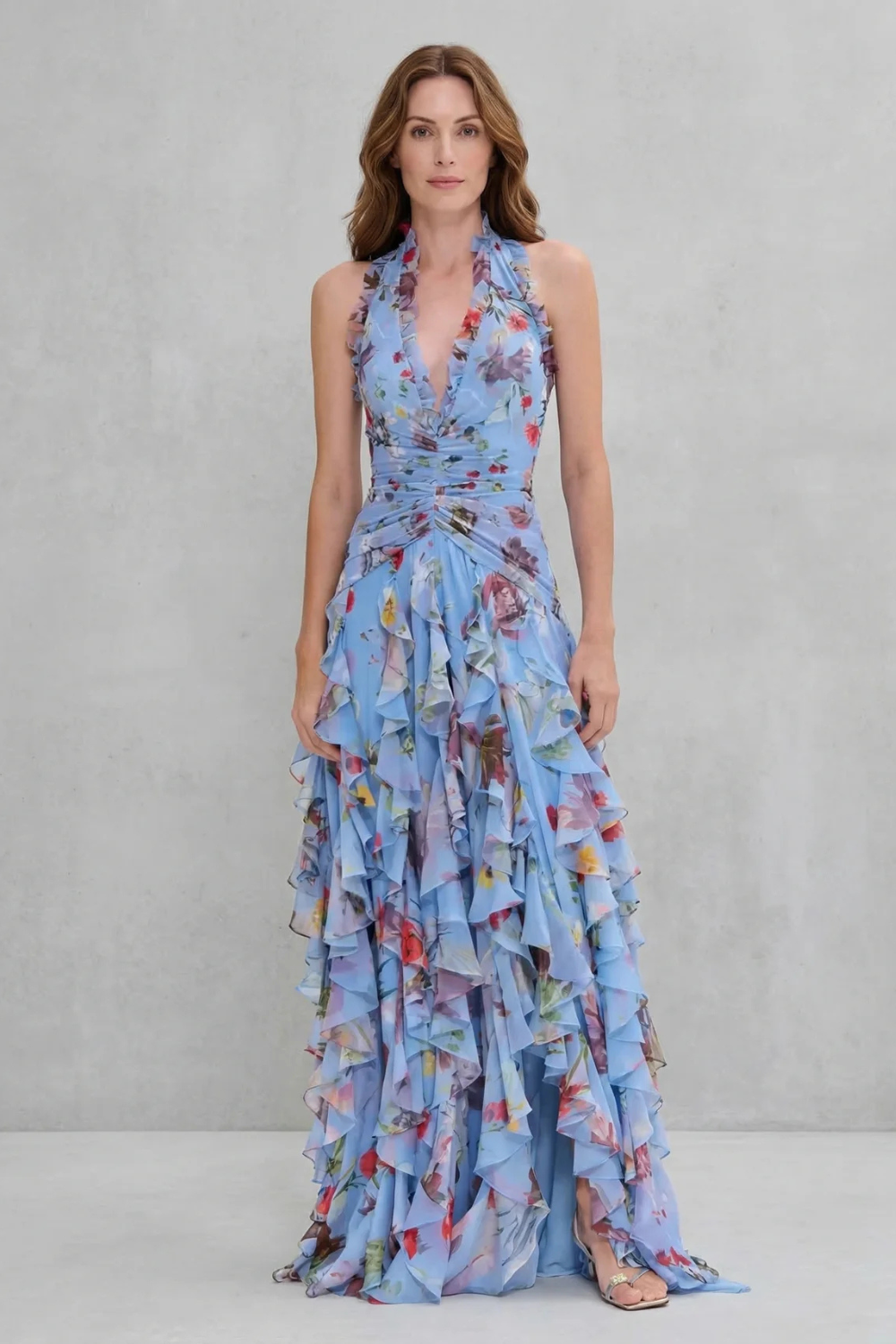 Damen Sommer Maxikleid mit Blumenmuster – Halterneck Tiefer V Ausschnitt Volant Stufen