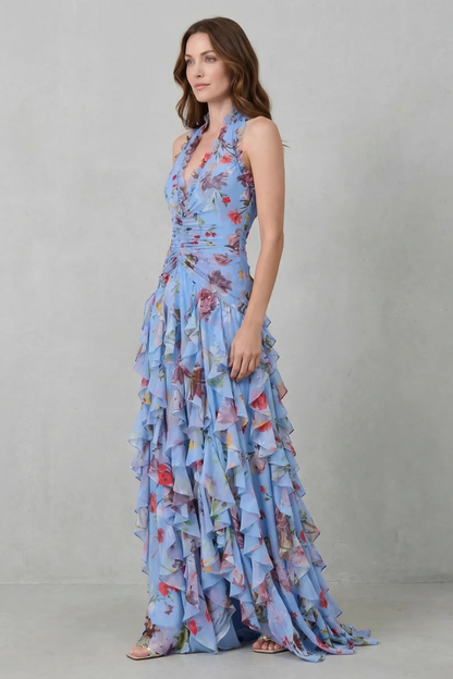 Damen Sommer Maxikleid mit Blumenmuster – Halterneck Tiefer V Ausschnitt Volant Stufen