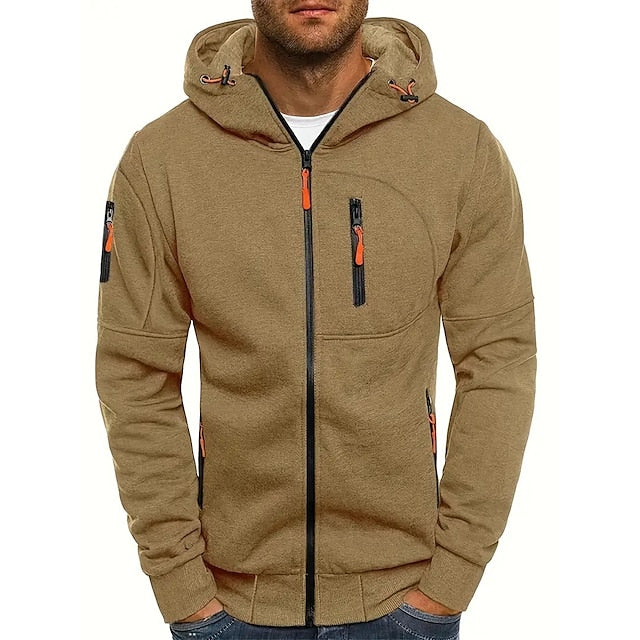 Beige Herren-Kapuzenjacke mit Reißverschlüssen, sportlich und modern. Perfekt für Freizeit und Outdoor. Hochwertige Materialien, bequemer Schnitt.