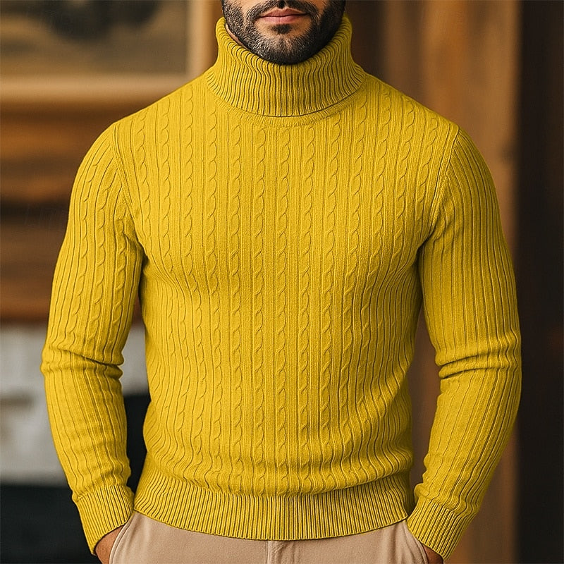 Nahaufnahme der gestrickten Struktur des Rollkragenpullovers